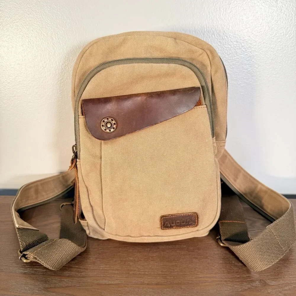 Augur Strauss Convertible Canvas Leather Utility Backpack Men Unisex Sling Bag